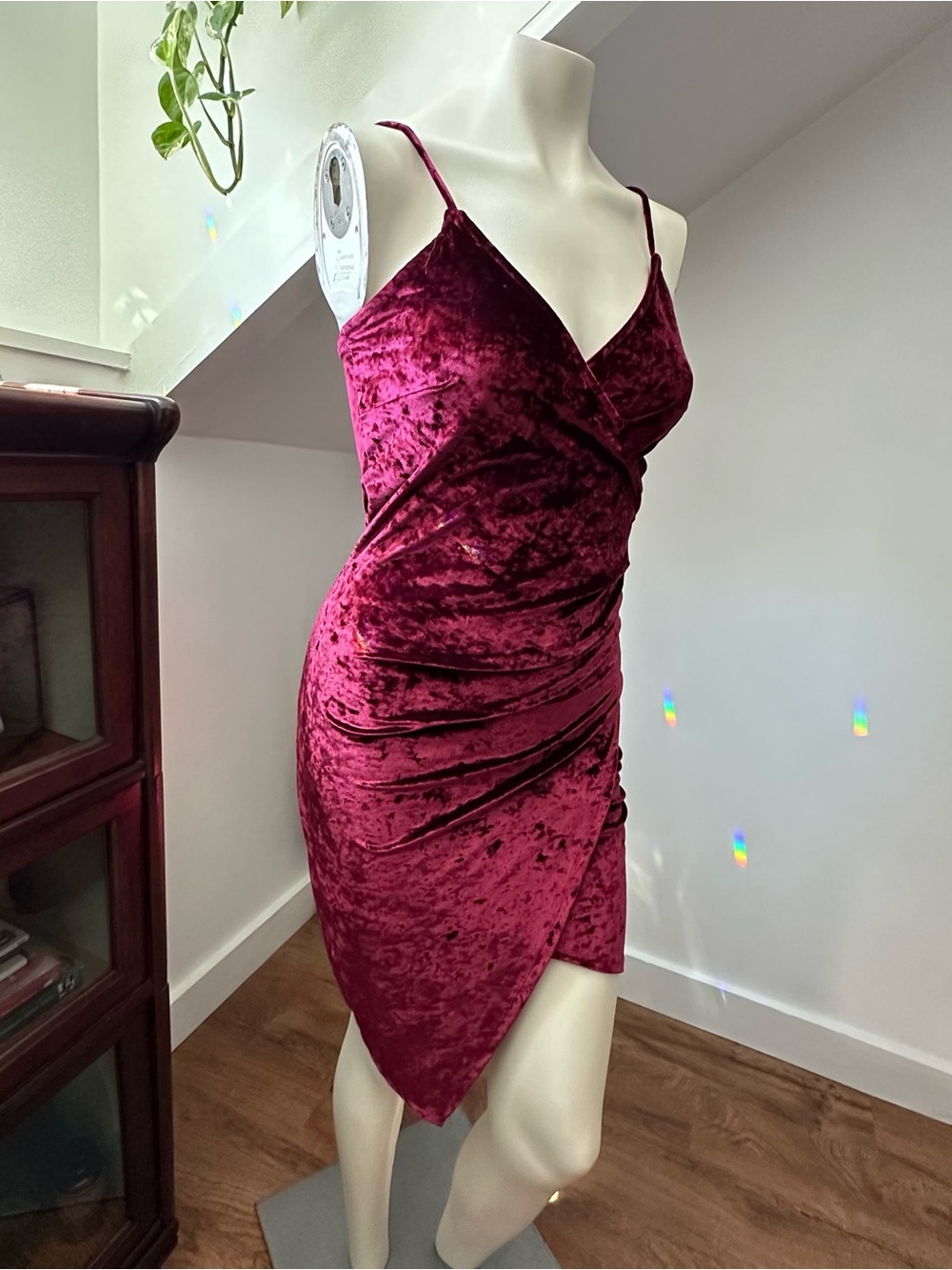 Revamped Velvet Wrap Spaghetti-Strap Dress in Deep Berry